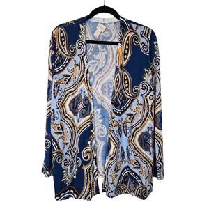 Chicos Baroque Paisley Open Front Cardigan Sweater 12 Blue Classic Career Casual